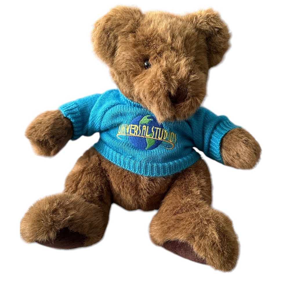 Vintage 2000 Universal Studios Stuffed Brown Bear Plush w/ Blue Sweater - 12"